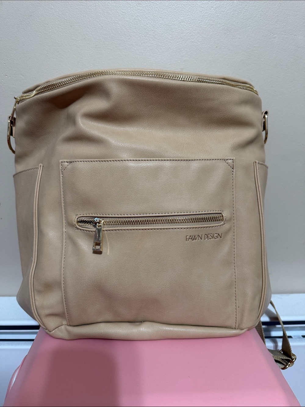 Fawn Design Taupe Leather Backpack Purse with Gold Hardware